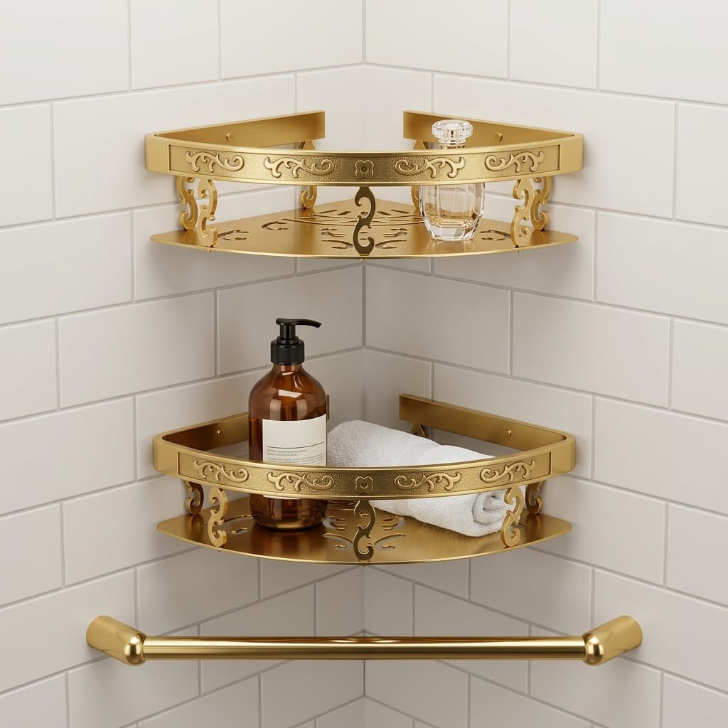 Grow Antique Brass Curved 2-Tier Wall Mounted Bathroom Corner Shelf Premium
