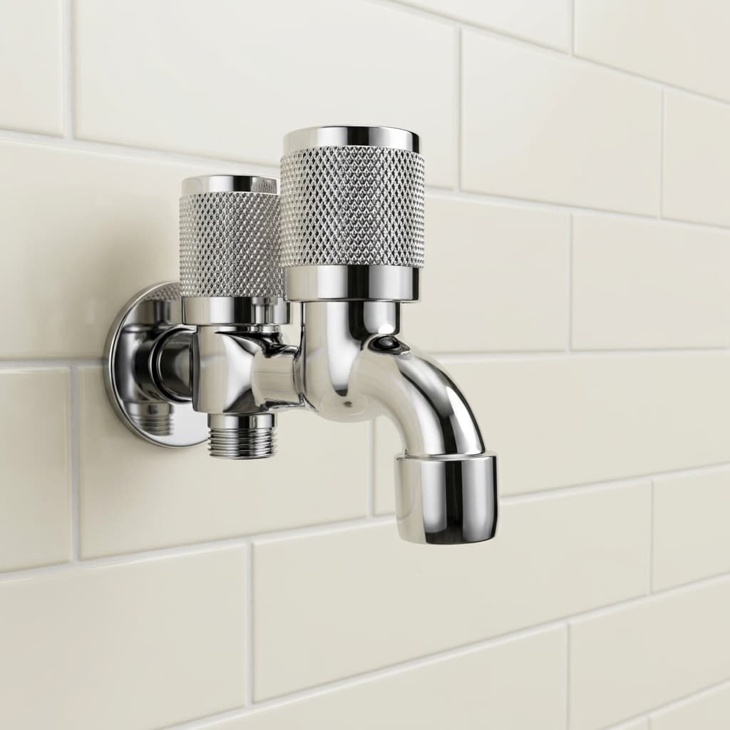 DIR Chrome Brass Wall Mounted Dual Outlet Knurled Handle Two Way Bib Cock