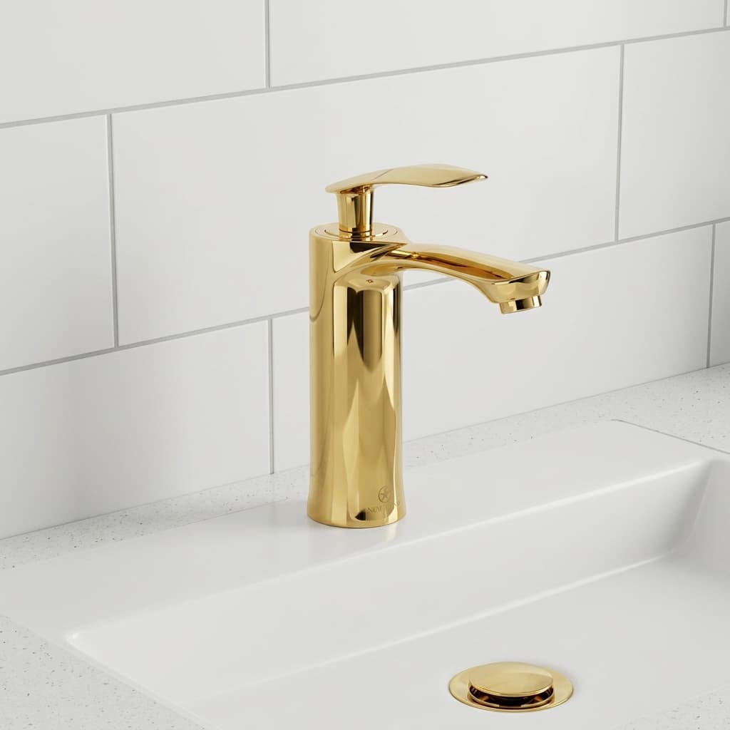 HTC Luxury Polished Gold Single Lever Countertop Vanity Mixer