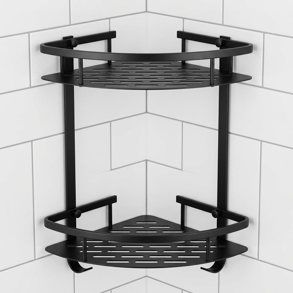 DIR Matte Black 2-Tier Wall Mounted Metal Bathroom Corner Shelf Caddy