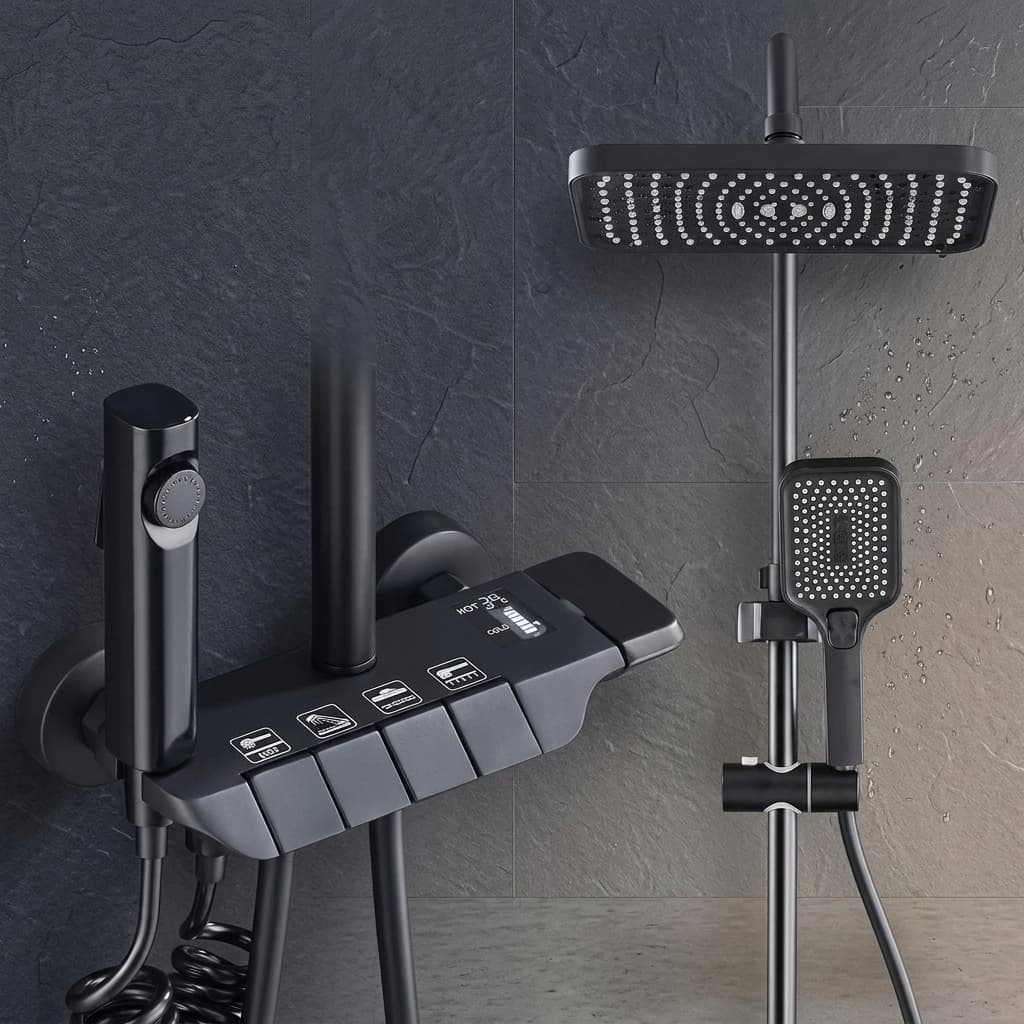 HTC Matte Black Digital Display Thermostatic Shower System Set Premium Smart