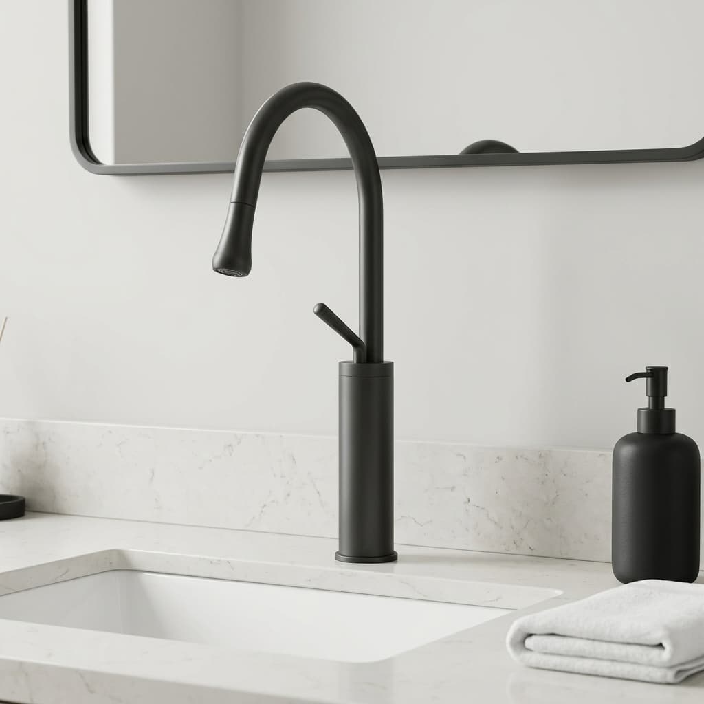 HTC Matte Black High Spout Tall Modern Vanity Mixer Tap