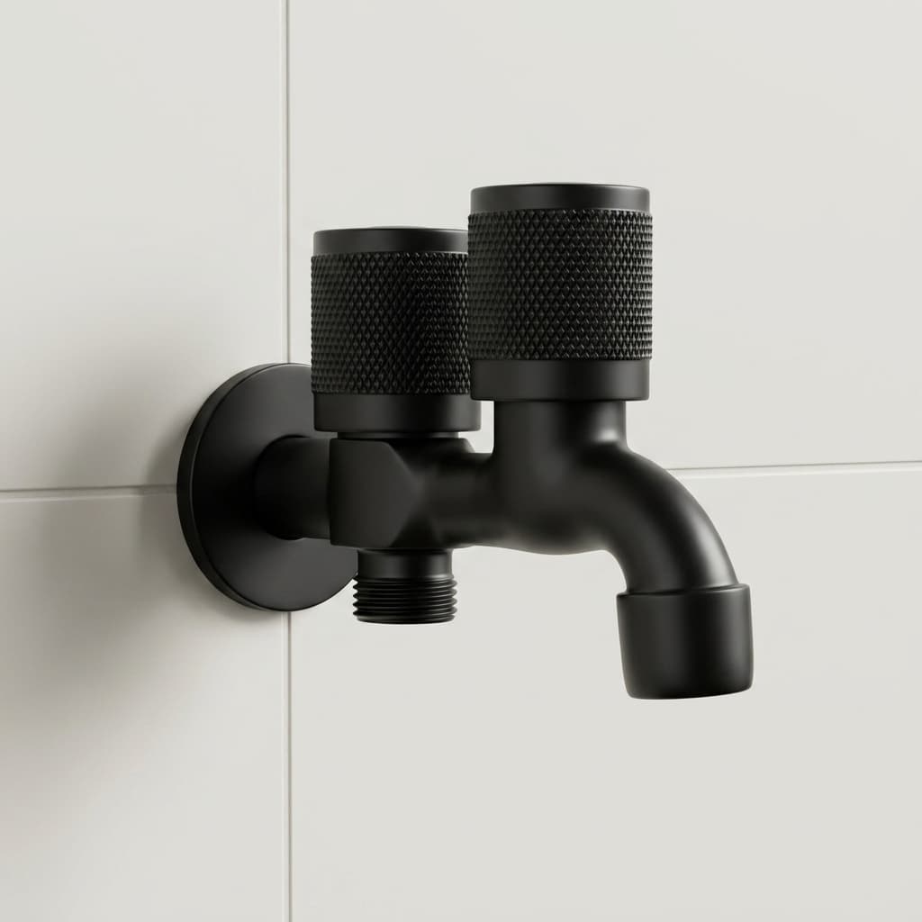 DIR Matte Black Wall Mounted Dual Outlet Knurled Knob Two Way Bib Cock